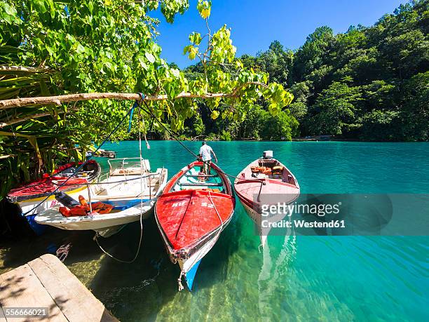 jamaica, port antonio, boats in the blue lagoon - jamaica people stock pictures, royalty-free photos & images