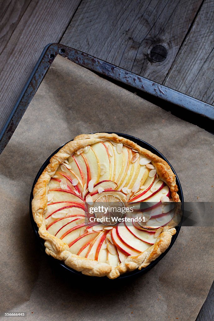 Baked apple pie in cake pan on baking tray