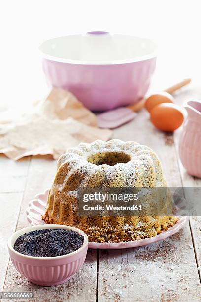 poppy seed cake and ingredients - forma de bolo imagens e fotografias de stock