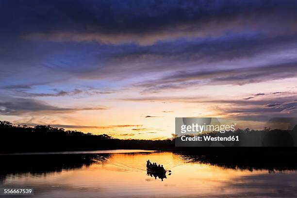 ecuador, amazon river region, dugout canoe on lake pilchicocha at sunset - dugout canoe ストックフォトと画像