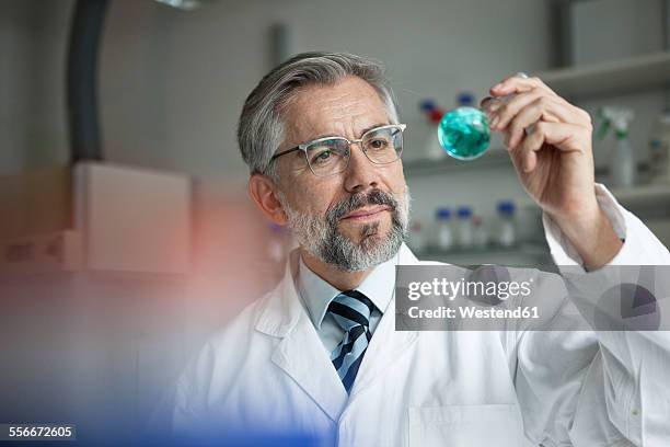 scientist in laboratory examining liquid in round bottom flask - matraz fotografías e imágenes de stock