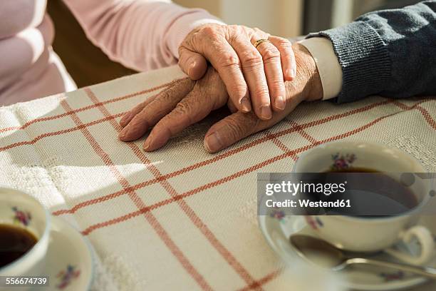 senior couple holding hands at coffee break - old coffee stock-fotos und bilder