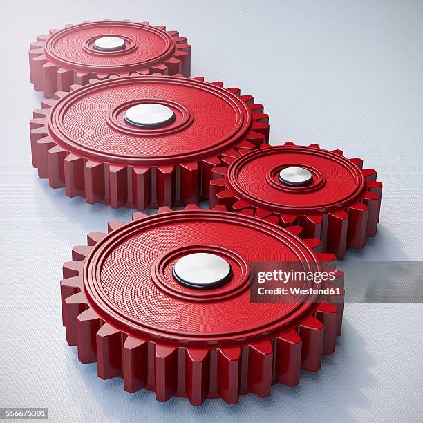 four red cogwheels on light background, 3d rendering - three gears stock illustrations
