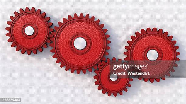 four red cogwheels on light background, 3d rendering - three gears stock illustrations