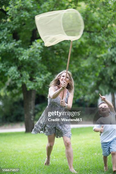 mother and son catching butterflies with a net - chasing butterflies stock pictures, royalty-free photos & images