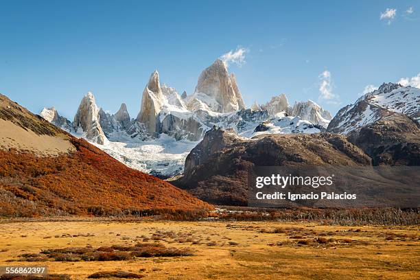 mt fitz roy and autumn trees, patagonia - province de santa cruz argentine photos et images de collection