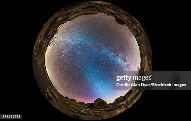 fish-eye panorama of milky way and zodiacal light over new mexico. - zodiacal light stock pictures, royalty-free photos & images