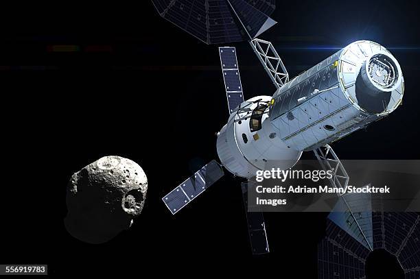orion module orbiting an asteroid. - orion spacecraft stock illustrations