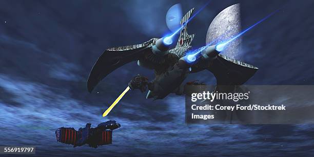 stockillustraties, clipart, cartoons en iconen met a lighter and more maneuverable spaceship blasts a laser beam toward an enemy battleship. - battle ship