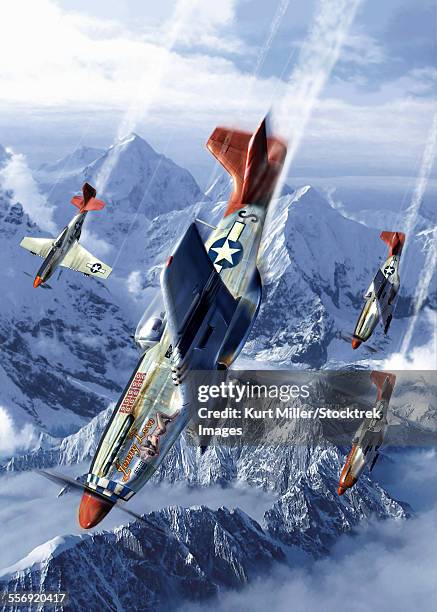 illustrations, cliparts, dessins animés et icônes de tuskegee airmen of the 332nd fighter group flying near the alps in their p-51 mustangs. - tuskegee airmen