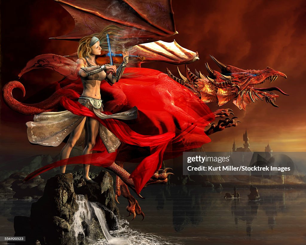 Woman playing a magical violin to call out a red dragon.