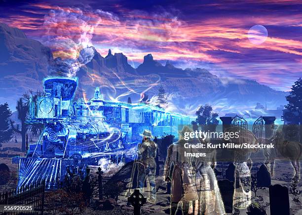 ghost train picking up some ghosts at a graveyard. - futuristic train stock illustrations