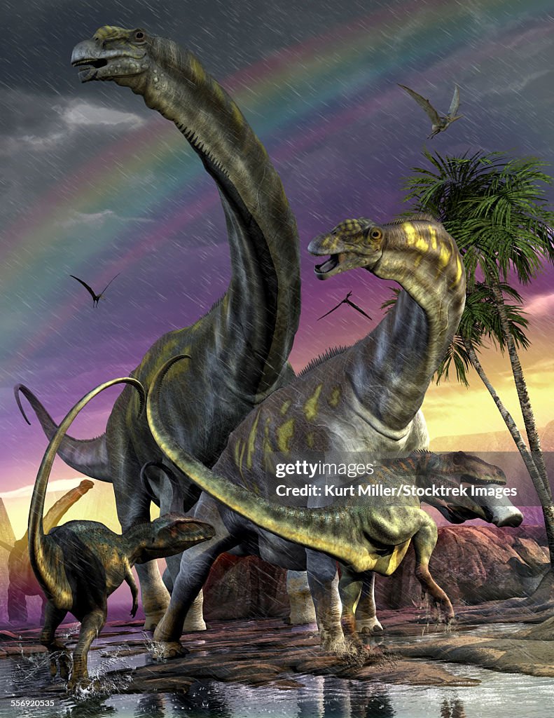 A Giganotosaurus trying to take down a young Argentinosaurus who are among the largest animals to walk on Earth.
