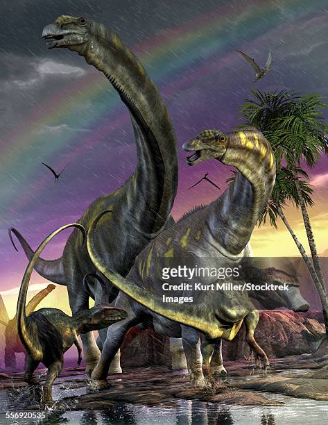 a giganotosaurus trying to take down a young argentinosaurus who are among the largest animals to walk on earth. - argentinosaurus stock illustrations
