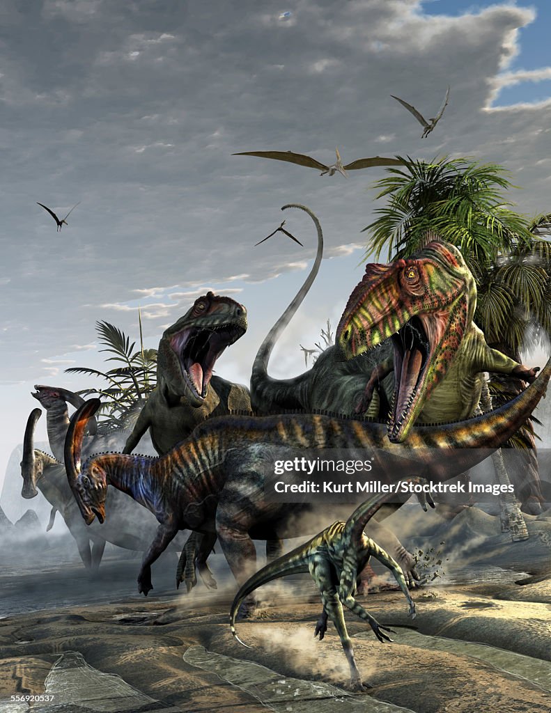 Two Giganotosaurus trying to capture a Parasaurolophus.