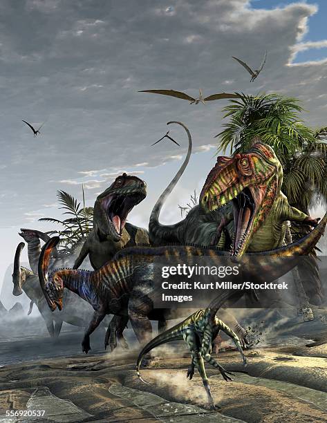 two giganotosaurus trying to capture a parasaurolophus. - ambush stock illustrations