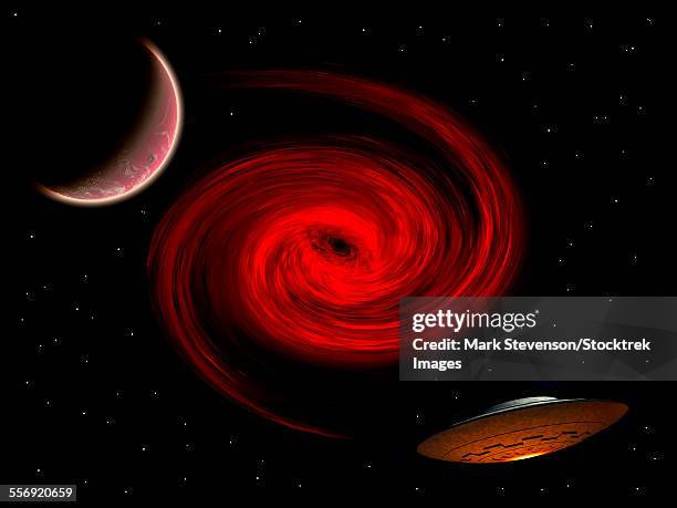 a flying saucer using wormhole technology to travel to a distant world. - hyperspace stock illustrations