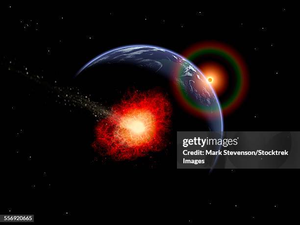 an asteroid hitting the earth during prehistoric times. - asteroid impact stock-grafiken, -clipart, -cartoons und -symbole