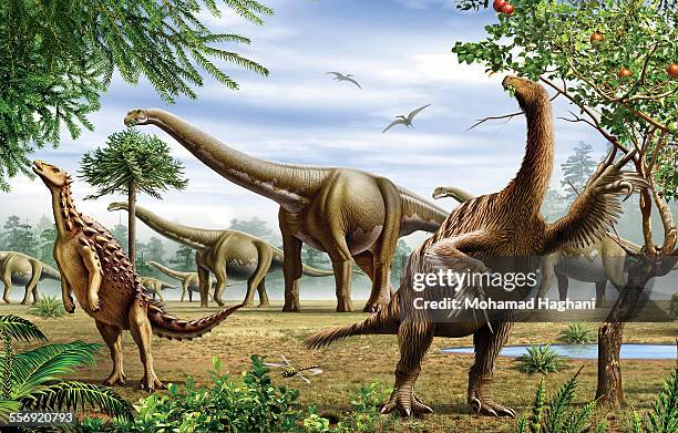 stockillustraties, clipart, cartoons en iconen met a grouo of scelidosaurus, nothronychus and argentinosaurus dinosarus grazing on trees and leaves. - therizinosaurus