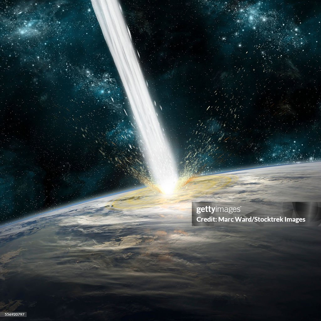 A comet strikes Earth. Clouds cover an ocean area of the planet. Stars and nebula serve as background.