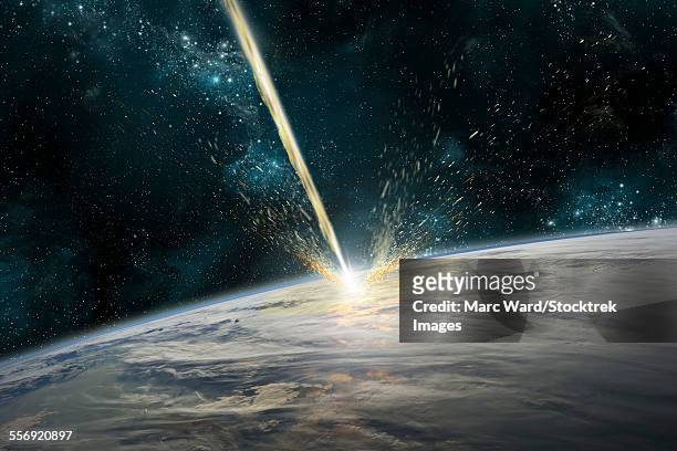 a meteor strikes earth. clouds cover an ocean area of the planet. planetary material is ejected back into space. - extinct stock pictures, royalty-free photos & images