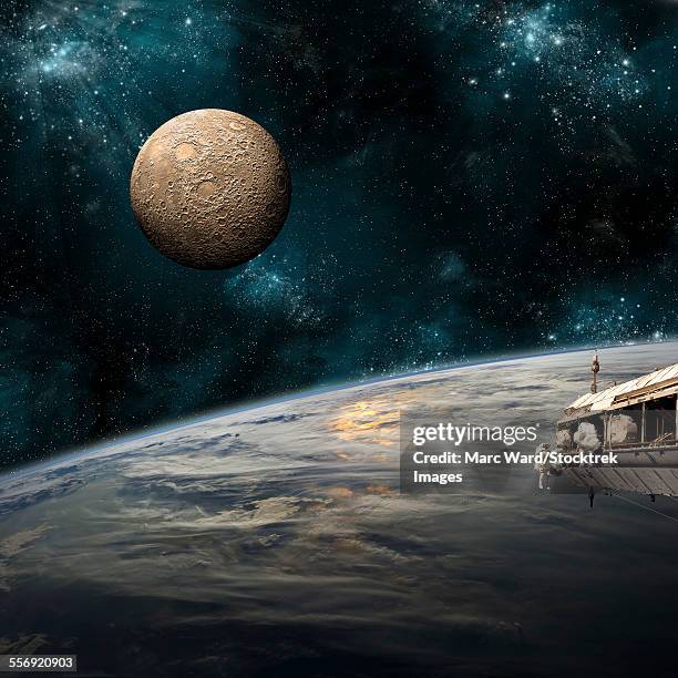 a team of astronauts work on a space station in orbit. an earth-like planet sees the glow of a nearby sun while a heavily cratered moon rises above. - unrecognizable person photos stock illustrations