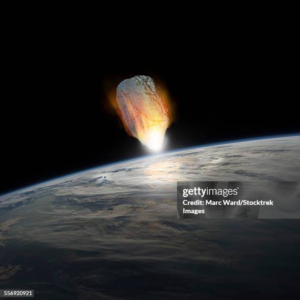 a massive asteroid, glowing white hot, enters earths atmosphere moments before impact with the planet.  - planets colliding stock pictures, royalty-free photos & images