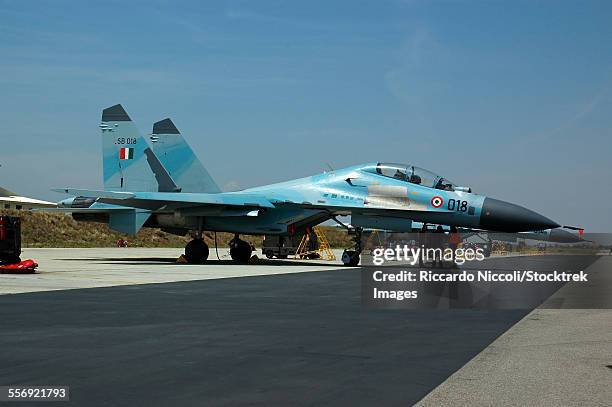 sukhoi su-30 aircraft from the indian air force at istres air base, france, during exercise garuda ii. - indian military fotografías e imágenes de stock