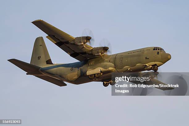 a c-130j super hercules of the royal australian air force on final approach to nellis air force base, nevada. - australian defence force stockfoto's en -beelden