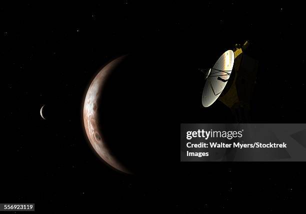 new horizons spacecraft approaches dwarf planet pluto and its moon charon. - pluto stock illustrations
