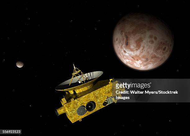 new horizons spacecraft over dwarf planet pluto and its moon charon. - exploratory spacecraft stock illustrations