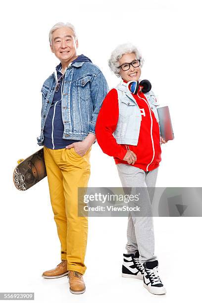 fashion of older couples with a skateboard and laptops - design studio woman chinese laptop bildbanksfoton och bilder