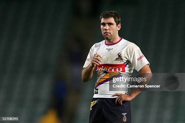 Cameron Smith of the Storm looks dejected after losing the NRL Semi Final between the Melbourne Storm and the North Queensland Cowboys at Aussie...