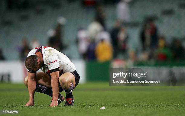 Scott Hill of the Storm looks dejected after losing the NRL Semi Final between the Melbourne Storm and the North Queensland Cowboys at Aussie Stadium...