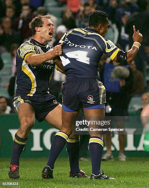 David Faiumu of the Cowboys celebrates scoring a try during the NRL Semi Final between the Melbourne Storm and the North Queensland Cowboys at Aussie...