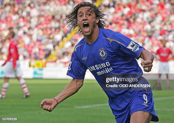 London, UNITED KINGDOM: Hernan Crespo of Chelsea celebrates his goal against Charlton during a premiership match at The Valley stadium in south east...