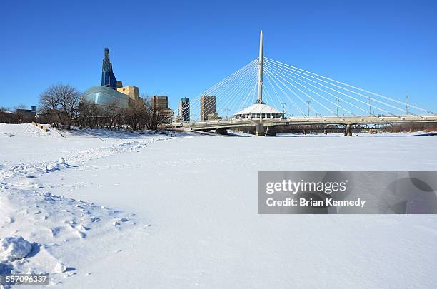 winnipeg cityscape from red river - winnipeg stock-fotos und bilder