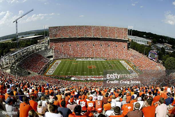 General view of the start of the Miami Hurricanes against the Clemson Tigers game at Memorial Stadium on September 17, 2005 in Clemson, South...