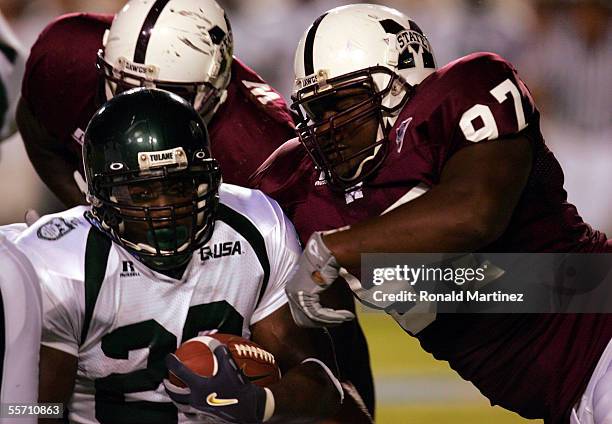 Running back Matt Forte of the Tulane Green Wave runs the ball against Corey Clark of the Mississippi State Bulldogs on September 17, 2005 at...