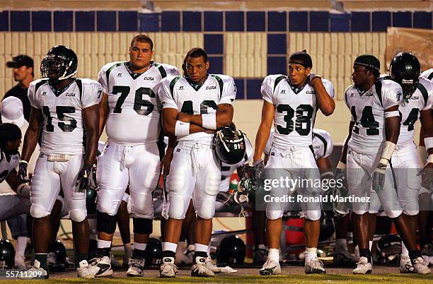 The Tulane Green Wave looks on from the sidelines during a loss against the Mississippi State Bulldogs on September 17, 2005 at Independence Stadium...