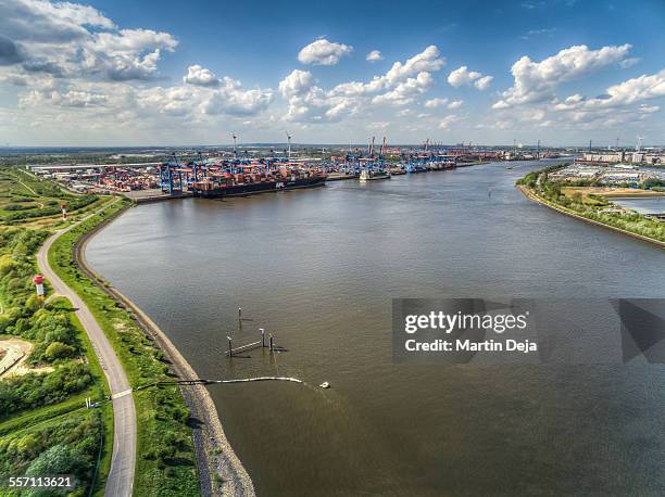 hamburg industrial area aerial view - köhlbrandbrücke stock pictures, royalty-free photos & images