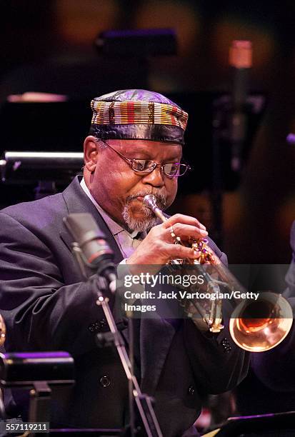 American Jazz musician Marcus Belgrave plays trupet as he performs with the All-Star Detroit Band in the Jazz at Lincoln Center concert 'Detroit:...