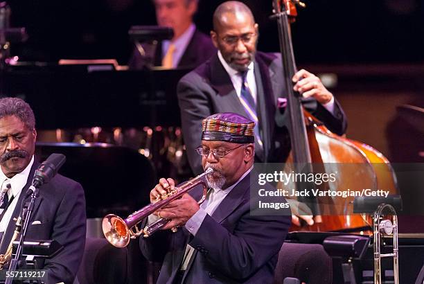 American Jazz musician Marcus Belgrave plays trupet as he performs with the All-Star Detroit Band in the Jazz at Lincoln Center concert 'Detroit:...