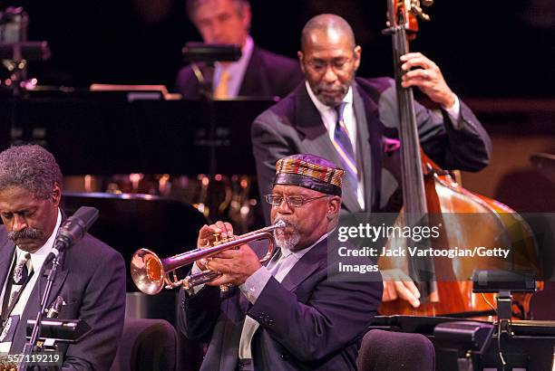 American Jazz musician Marcus Belgrave plays trupet as he performs with the All-Star Detroit Band in the Jazz at Lincoln Center concert 'Detroit:...