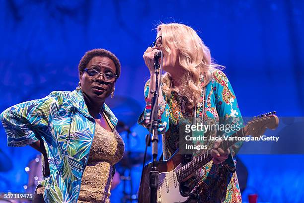 American vocalist Sharon Jones performs as a special guest with musician Susan Tedeschi, on guitar, and the Tedeschi Trucks Band on opening night of...