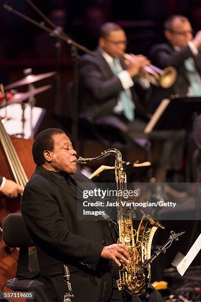 American Jazz composer and musician Wayne Shorter plays saxophone as he performs with the Jazz at Lincoln Center Orchestra on the first evening of...