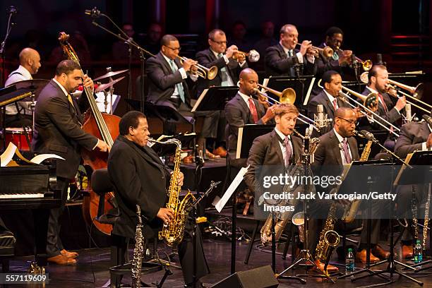 American Jazz composer and musician Wayne Shorter plays saxophone as he performs with the Jazz at Lincoln Center Orchestra on the first evening of...