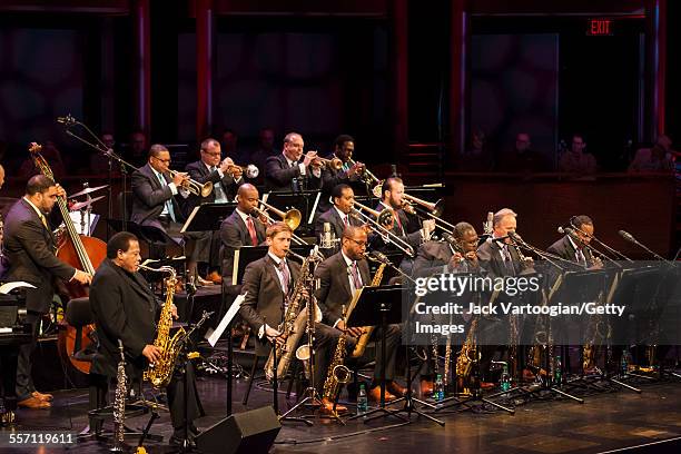 American Jazz composer and musician Wayne Shorter plays saxophone as he performs with the Jazz at Lincoln Center Orchestra on the first evening of...