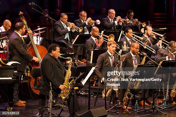 American Jazz composer and musician Wayne Shorter plays saxophone as he performs with the Jazz at Lincoln Center Orchestra on the first evening of...
