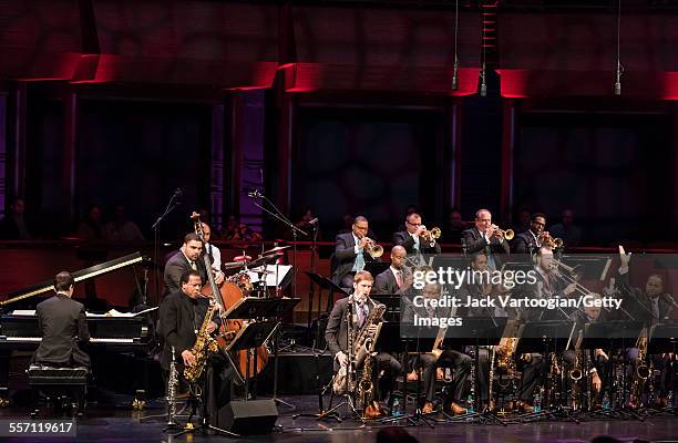 American Jazz composer and musician Wayne Shorter plays saxophone as he performs with the Jazz at Lincoln Center Orchestra on the first evening of...